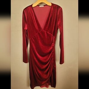 Elegant Velvet Long Sleeve Dress in Deep Red Whimsigoth